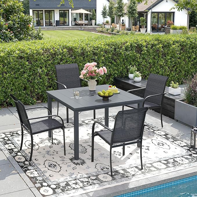 DIFY 5 Pieces Outdoor Dining Table Chair Set, Patio Dining Set with 1 Grey Metal Square Table with Umbrella Hole & 4 Grey Stackable Curved Armrests Chairs for Lawn, Garden, Porch