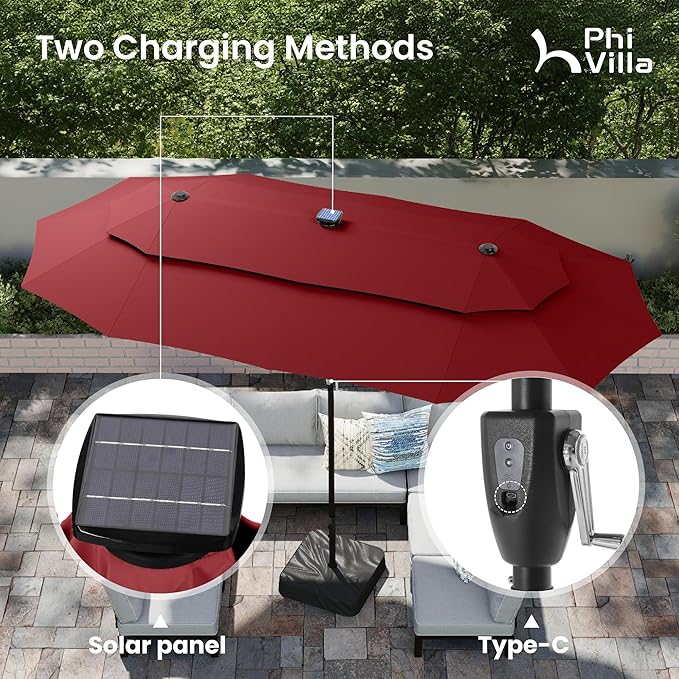 PHI VILLA 13ft Patio Umbrella with 120 PCS Solar-Powered LED Color-Changing Lights, 2-Tier Double-Sided Large Rectanglular Umbrella with Base Included, Wine Red