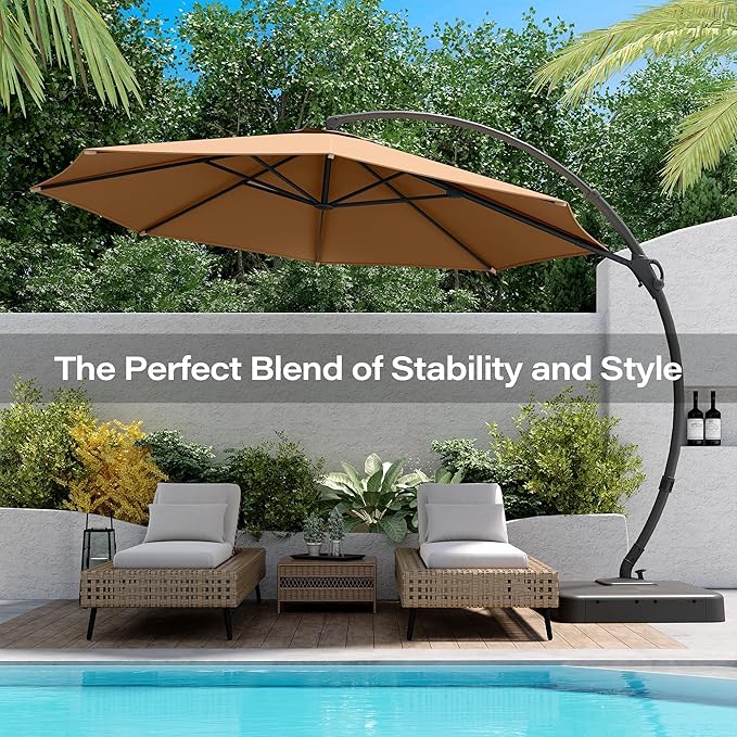 LAUSAINT HOME Outdoor Patio Umbrella with Base included, Deluxe Curvy Cantilever Umbrella Heavy Duty Offset Hanging Umbrella