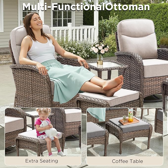 Luxury Outdoor Patio Furniture Set with 6-Inch Thick Cushions, 6 Pieces All-Weather Wicker Outdoor Furniture with Outdoor Rocking Chair, Outdoor Patio Conversation Sets for Garden Porch Deck, Beige