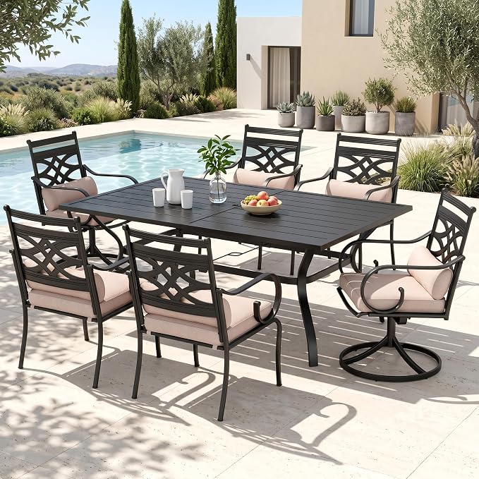 PHI VILLA 7 Piece Patio Dining Set, 2 Swivel Chairs | Metal chairs, Metal table, Beige Cushion, Cushions, E-coated
