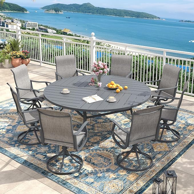 Outdoor Dining Set for 8, 63.1" Metal Round Outdoor Dining Table with Umbrella Hole and Sling Patio Swivel Chairs, 9 Pieces Patio Table and Chairs Set for Garden Backyard, Grey and Dark Grey