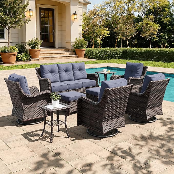 9 Pieces Outdoor Furniture Set with 6-inch Cushions, High Back Wicker Swivel Rocker Chairs with Coffee Table, Luxury Conversation Set for Deck Patio and Poolside