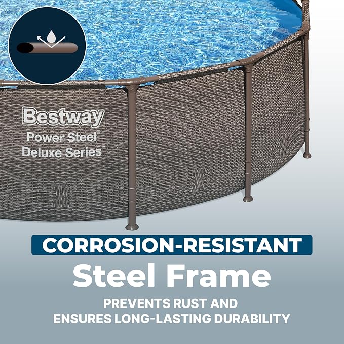 Bestway Power Steel 14’ x 42” Above Ground Pool, Round Metal Frame Outdoor Swimming Pool Set with Filter Pump, Ladder, and Cover, Brown