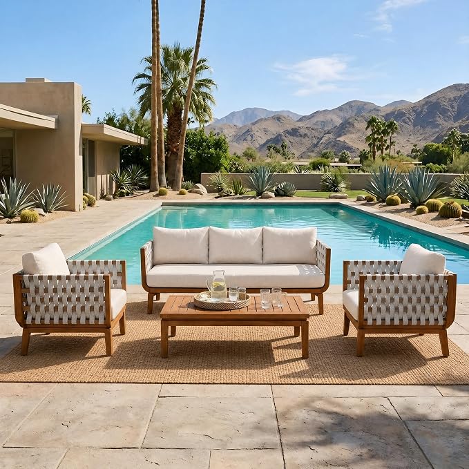 Christopher Knight Home Gwen 4 Piece Acacia Wood Patio Conversation Set with Sofa, Coffee Table and 2 Club Chairs, 3-Seater Sofa with Water-Repellent Cushion, Outdoor Patio Furniture Set, Teak+Beige