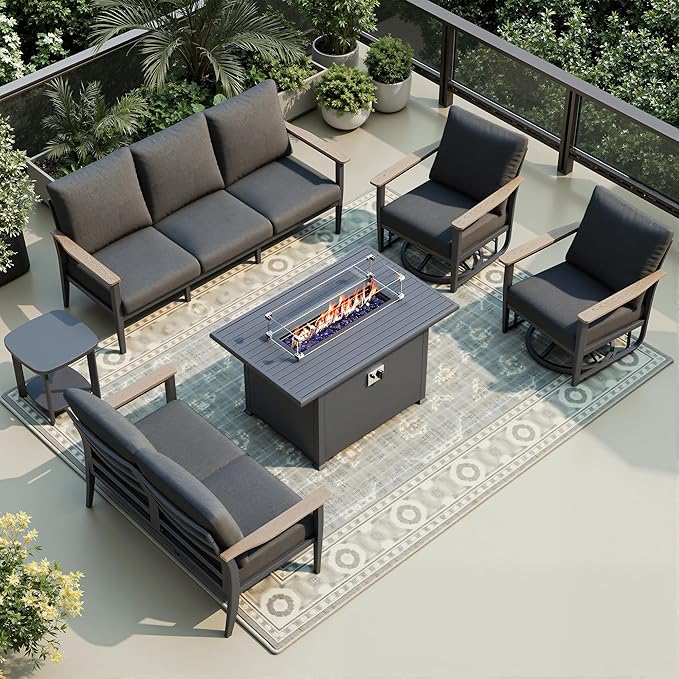 7-Seat Outdoor Patio Furniture Set with Rocking Swivel Chair, Aluminum Sectional Sofa Patio Conversation Set with 55,000 BTU Fire Pit Table & High Backrest & Thickened Cushions, Dark Grey