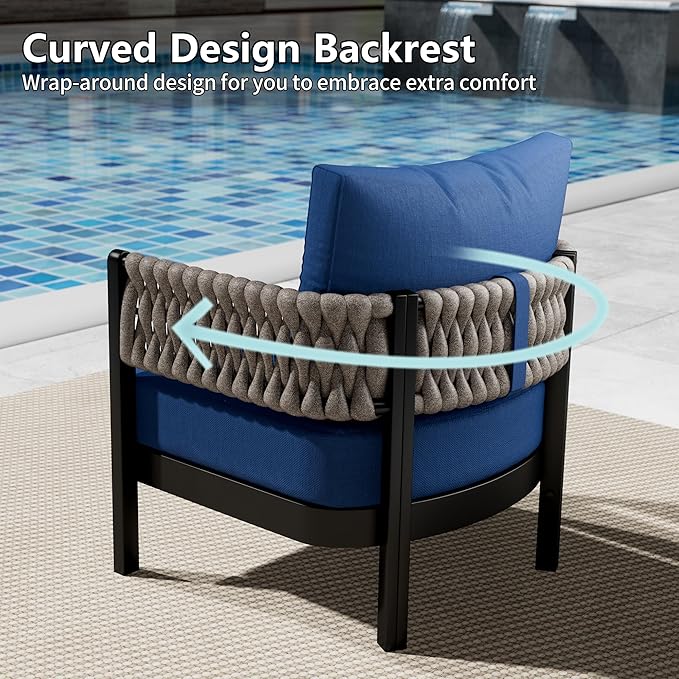 Aluminum Patio Furniture Set,5 Pieces HDPE Rope Patio Conversation Sets with Modular Coffee Table,Metal Outdoor Sectional Furniture w/5.9" Thick Cushions for Porch,Deck,Backyard,Navy Blue