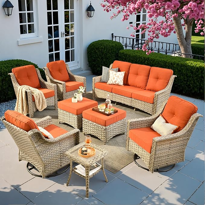 8 PCS Outdoor Patio Furniture Sets ,Patio Conversation Sets Outside Rattan Soft Cushion Sofa with 2 Wicker Rocking Chairs Soft Cushion Fit Backyard Porch Garden Poolside Balcony，Coarse Stripes Red