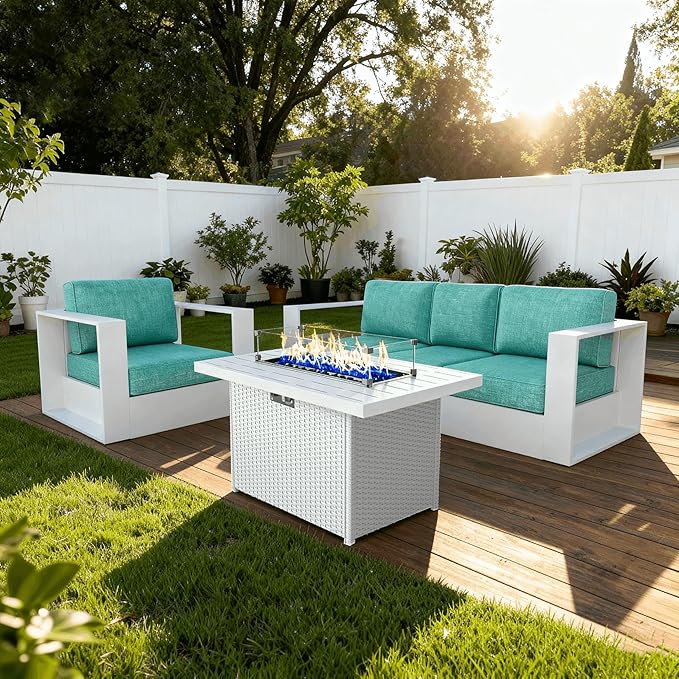 3 Pieces Patio Furniture Set with Fire Pit Table, Metal Modern Conversation Set with Deep Seating and Widened Aluminum Frame for Deck, Porch, Garden