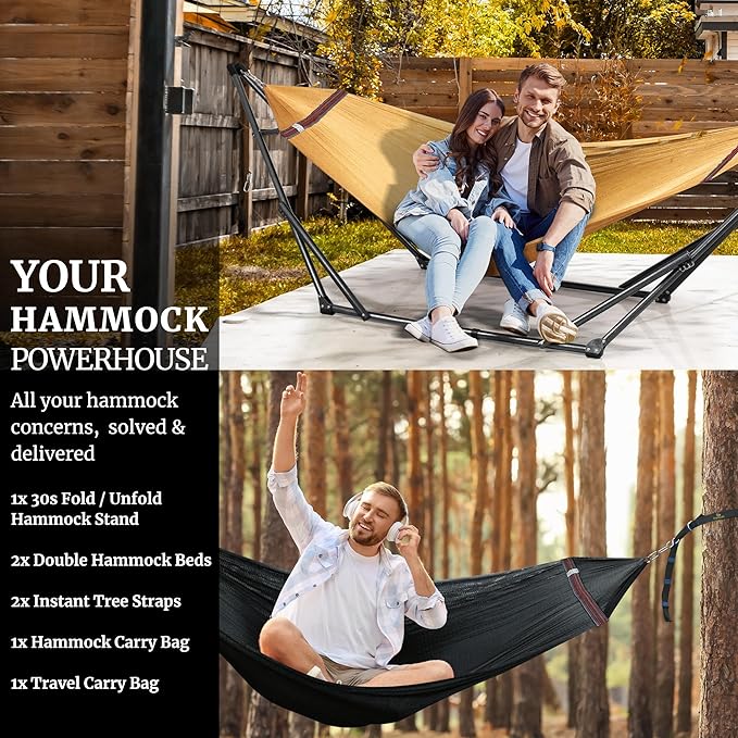 Tranquillo Combo x2 Hammocks with Stand for Outside & Tree Straps, Heavy Duty Hammock with Stand 600lbs for Indoor Outdoor Patio Backyard, x2 Hammocks for 2 Person (Combo - Yellow, Medium)