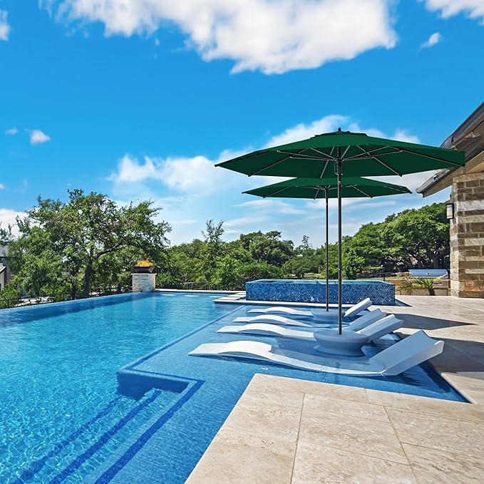 Midtown Umbrellas The Wooden 10 Feet Patio Umbrella With Sunbrella Forest Green Acrylic Fabric - Aluminum Frame Market Umbrella For Backyard, Deck, Garden, Pool - Wooden Pole