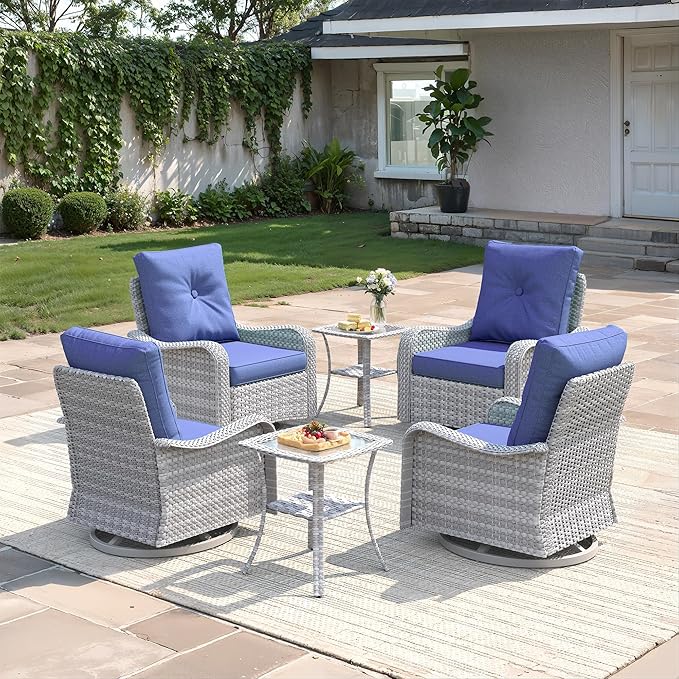 6-Piece Patio Furniture Set, Outdoor Swivel Rocking Chairs with 4" Thick Cushions & Side Table, All-Weather PE Rattan & Rust-Resistant Steel Frame Conversation Set for Porch, Garden, Backyard, Blue