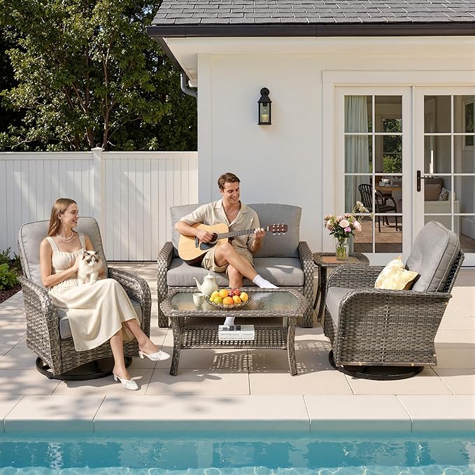 5-Piece Patio Furniture Set, Outdoor Wicker Furniture with Coffee Table, High Back Swivel Rocker Patio Chairs, Modern Rattan Outdoor Chairs Conversation Set for Porch, Balcony, Garden, Dark Gray