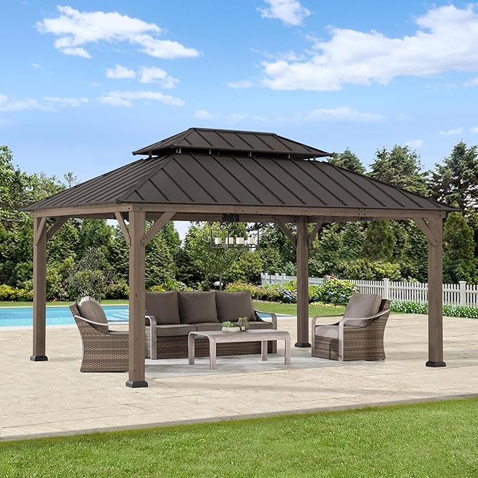 SUNJOY 12 x 16 ft. Wood Gazebo, Outdoor Patio Cedar Framed Steel Hardtop Gazebo with 2-Tier Metal Roof, Suitable for Patios, Lawn and Backyard, Dark Brown Roof + Dark Wood Frame