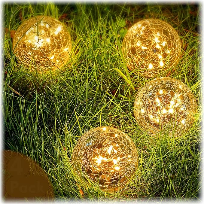 Honoson 4.7 Inch Solar Globe Lights Outdoor - Waterproof Cracked Glass Balls for Lawn Patio Yard Backyard Decorations, Warm White Solar LED Lights with Easy Installation,Durable Design (4 Pcs)
