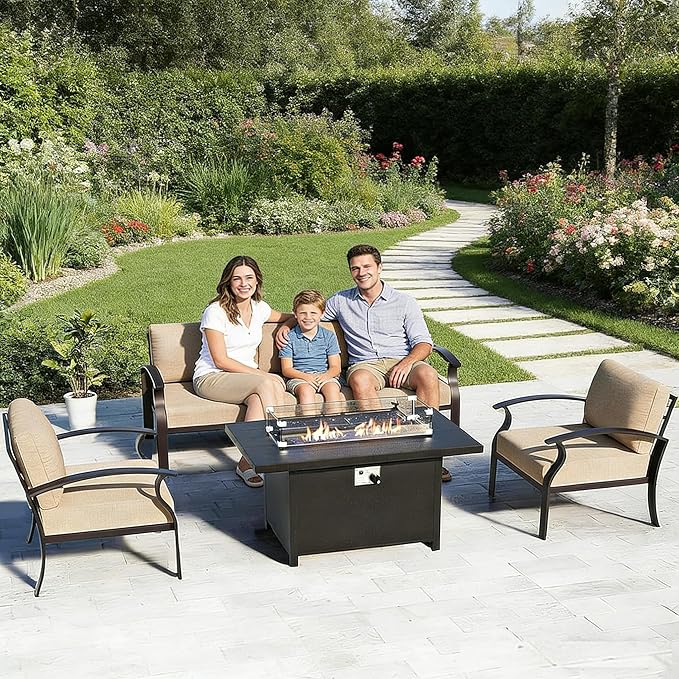 Gotland Aluminum Patio Furniture Set, 4 PCS Metal Outdoor Furniture with 45’’ Fire Pit Table Waterproof 5.1'' Seat Cushions 34.1’’ High Back, Oversized Outdoor Sectional Patio Conversation Sets, Khaki
