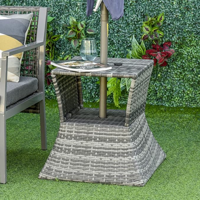 Outsunny Outdoor Side Table with Umbrella Hole, 2 Tier Rattan Wicker End Table with Storage Shelf, All Weather for Patio, Garden, Backyard, Mixed Gray