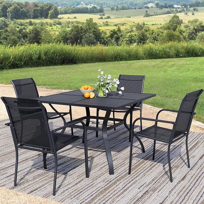 5-Piece Outdoor Dining Set, Square Metal Table with Black Chairs, Black Patio Table with Umbrella Hole for Garden, Yard, Patio