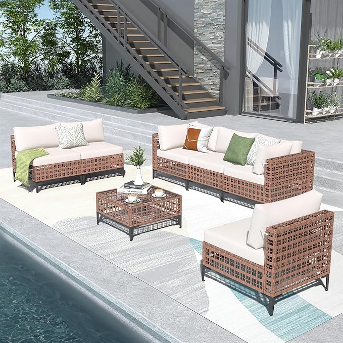 Patiorama 7 Piece Wicker Patio Furniture Set, Natural-Colored PE Rattan Outdoor Conversation Set Sectional Sofa with Water Resistant Cushion and Glass Table, Outdoor Couch, Porch, Backyard-White