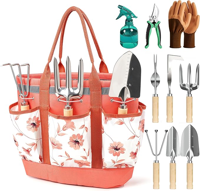 10 Pcs Heavy Duty Garden Hand Tools with Durable Garden Tools Handbag, Rust-Proof Garden Tool Set, Ideal Gardening Gifts for Women (Pink)