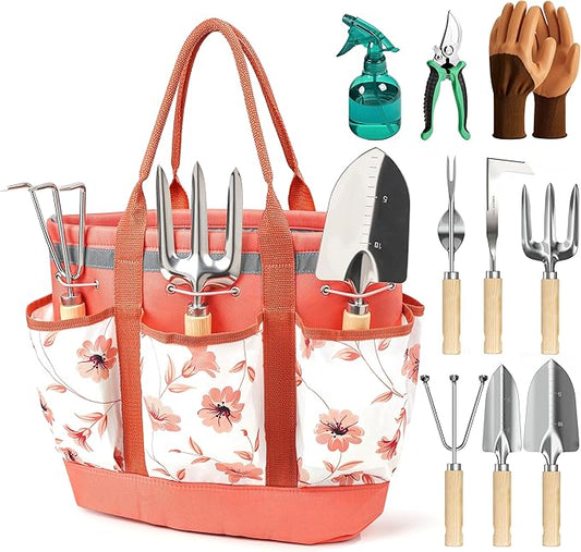 10 Pcs Heavy Duty Garden Hand Tools with Durable Garden Tools Handbag, Rust-Proof Garden Tool Set, Ideal Gardening Gifts for Women (Pink)