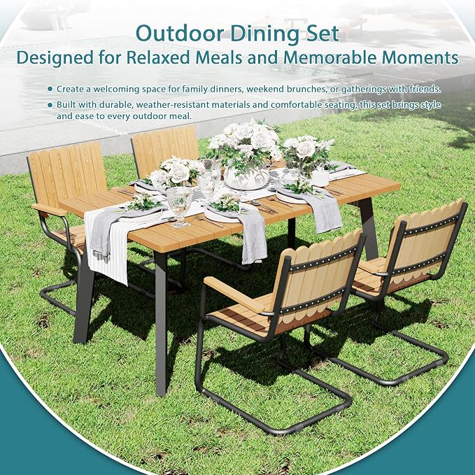 5 Piece Outdoor Conversation Set for 4, HDPE Patio Seating Set with Table and Chairs, All-Weather Outdoor Lounge Furniture with Umbrella Hole for Garden, Porch, Poolside, Gray & Teak