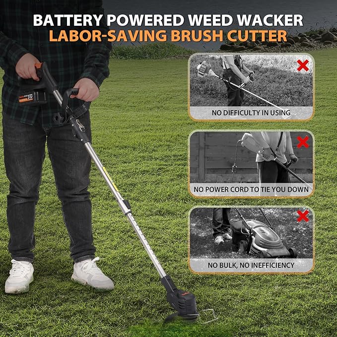 21V Electric Weed Wacker, Cordless Brush Cutter String Trimmer with Adjustable Pole & 2x3.0Ah Battery-Powered Weed Wacker, Lightweight & Low Noise, Foldable 3-in-1 Weed Eater for Outdoor, Garden, Yard