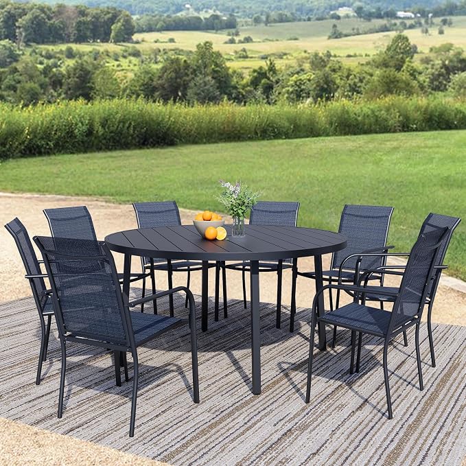9-Piece Patio Furniture Set, Black Round Patio Table and Blue Chairs Set of 8, Outdoor Dining Set with Umbrella Hole for Garden, Yard, Patio