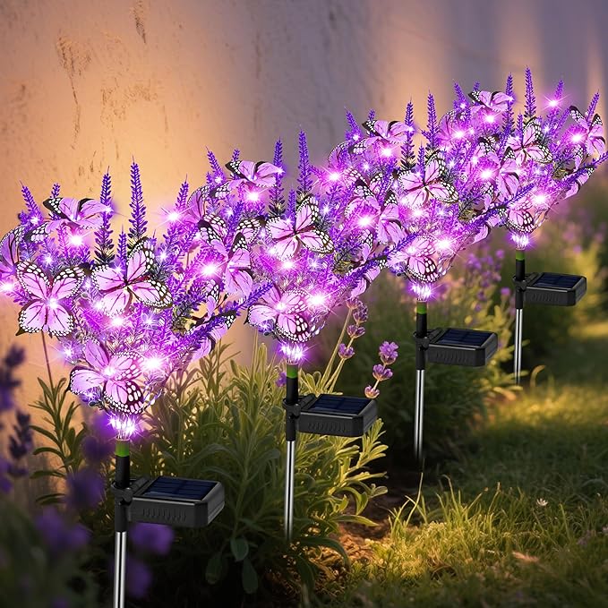 NBQQ Solar Garden Lights Outdoor 4 Pack Lavender Butterfly Lights, Solar Artificial Flower Outdoor Waterproof Decoration Gardening Gifts for Women, Yard Patio Pathway Lawn Courtyard Decoration