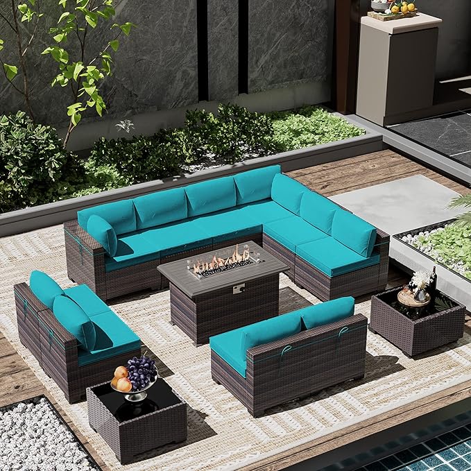 Outdoor Patio Furniture Set with Gas Fire Pit Table, 13 Pieces Outdoor Furniture Set Patio Sectional Sofa w/43in 55000 BTU Propane Fire Pit, PE Wicker Rattan Patio Conversation Sets - Teal