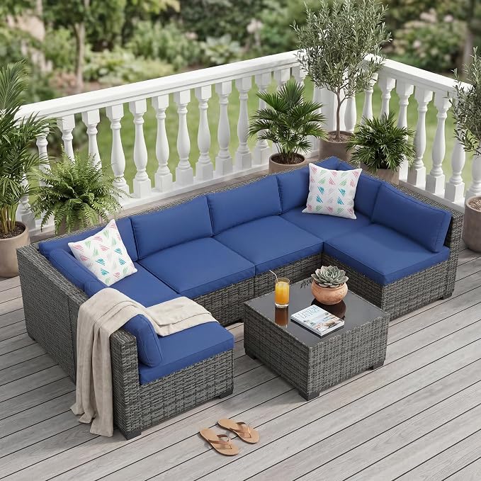 7-Piece Outdoor Rattan Sectional Sofa Set with Coffee Table – Gray Ombré Wicker & Navy Blue Cushions