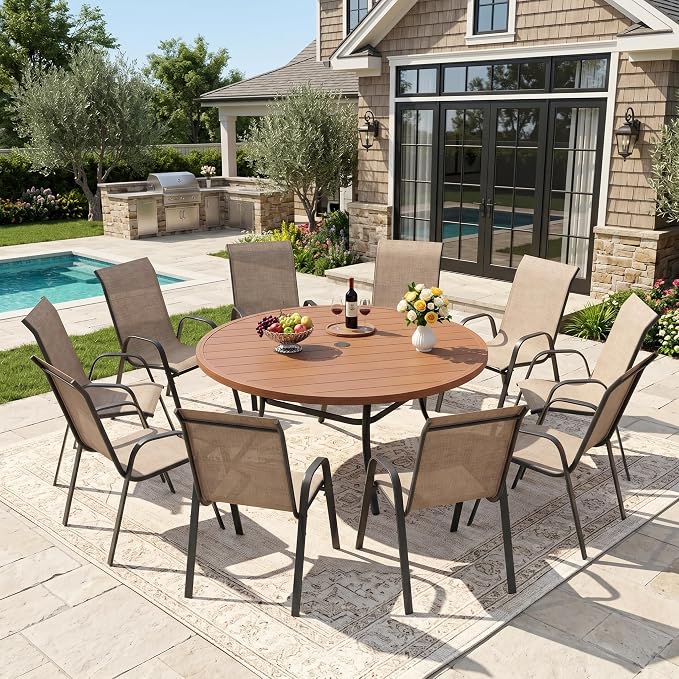 DIFY 11 Piece Outdoor Dining Set, 60" Walnut Round Metal Patio Table and Brown Textilene Stackable Chairs for 10, All Weather Patio Furniture Set with Umbrella Hole for Backyard Garden Deck