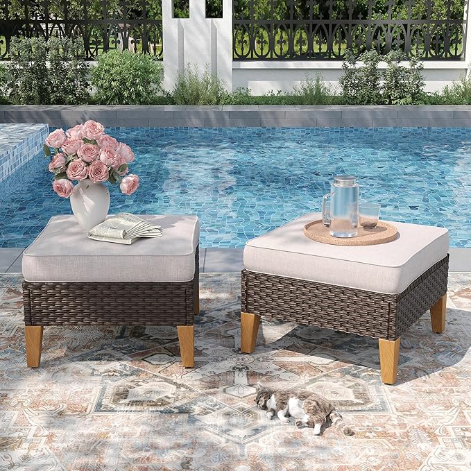 PHI VILLA Outdoor Wicker Patio Furniture Sectional Sofa Set Cushion Sofa for Poolside,Garden 2 x Ottoman,Beige
