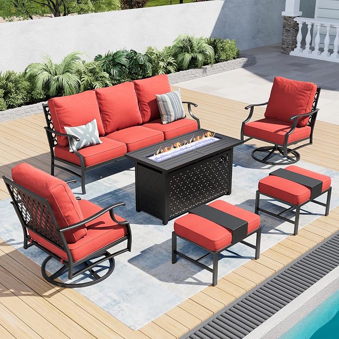SUNSHINE VALLEY 6 Piece Metal Outdoor Patio Furniture Set with Firepit Table, Patio Conversation Set 1 3-Seater Sofa, 2 Swivel Chair, 2 Ottoman with 5.75" Thick Cushion, Black Backyard Furniture, Red