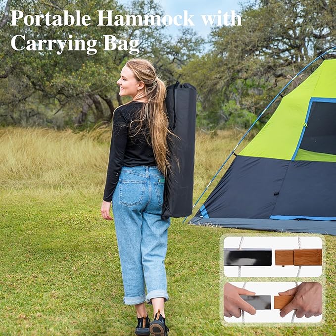 SUNCREAT Hammocks Outdoor Portable Hammock with Stand, 475 lbs Capacity, Heavy Duty Double Hammock with Stand Included, Patent Pending, Tan