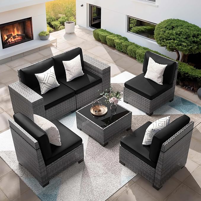 Patio Furniture Set, 6 Pieces Outdoor Sectional Sofa Conversation Sets Modern Wicker Seating Set, 4'' Thickened Cushions 1 Glass Coffee Table for Backyard Poolside, Black