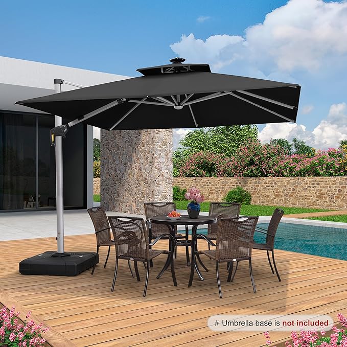 PURPLE LEAF 10 Feet Double Top Deluxe Solar Powered LED Square Patio Umbrella Offset Hanging Umbrella Outdoor Market Umbrella Garden Umbrella, Black