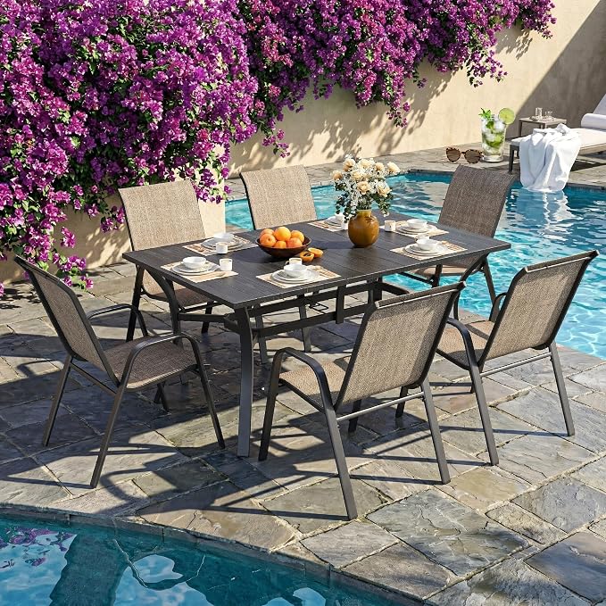 KEIKI 7-Piece Outdoor Patio Dining Set for 6, Waterproof Patio Table and Chair, 63" x 38" Rectangular Wood-Grain Metal Table with Umbrella Hole for Lawn Garden Backyard, Black+Brown