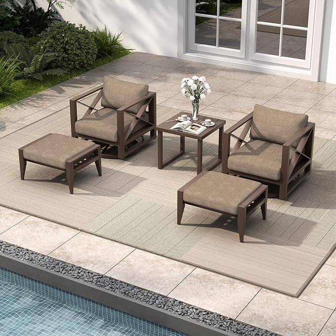 5-Piece Aluminum Outdoor Swivel Rocker Chair Set, 360° Swivel and Rocking Patio Chairs with 5.2-Inch Thick Cushions and Side Table, All-Weather Conversation Sofa for Backyard, Deck, Porch, Balcony