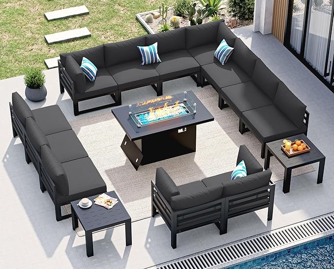 NICESOUL 15 Pcs Extra Large Aluminum Patio Furniture Set with Fire Pit Table & Coffee Table, 500 lbs Durable Outdoor Sectional Set for Heavy People, Outside Conversation Set for Backyard, Dark Gray