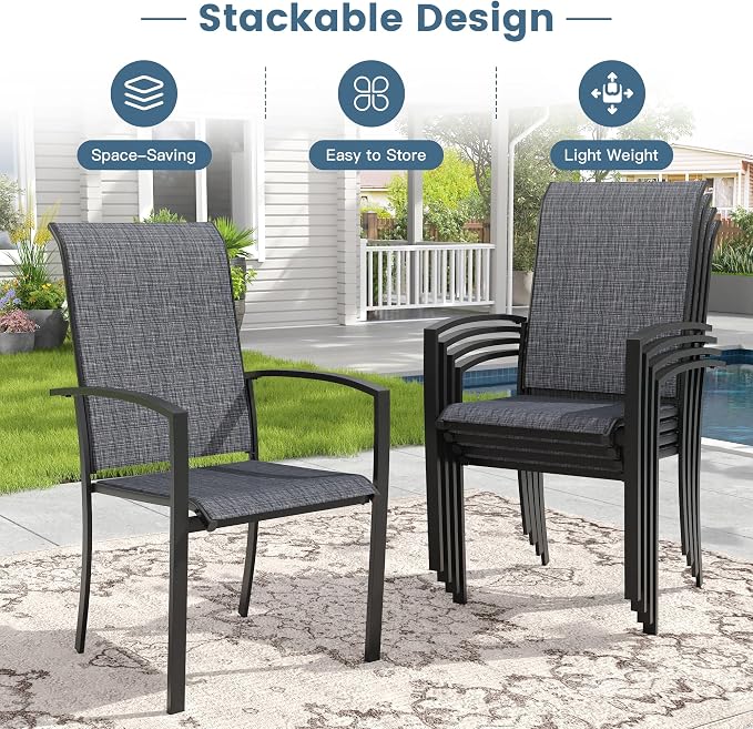 DIFY 5 Pieces Outdoor Dining Set for 4, 40.6" Round Dining Table with Umbrella Hole and Textilene Stackable Patio Chairs, Metal Patio Table and Chairs Set for Garden Backyard Poolside, Black