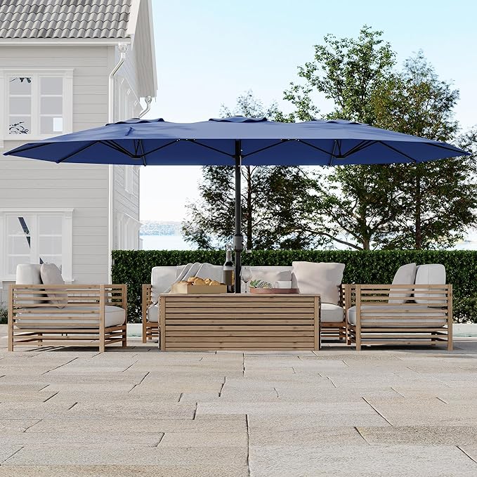 Double-Side Rectangular Pool Umbrella, 15ft Large Patio Umbrella with Base Included, Outdoor Market Umbrellas for Poolside Lawn Backyard