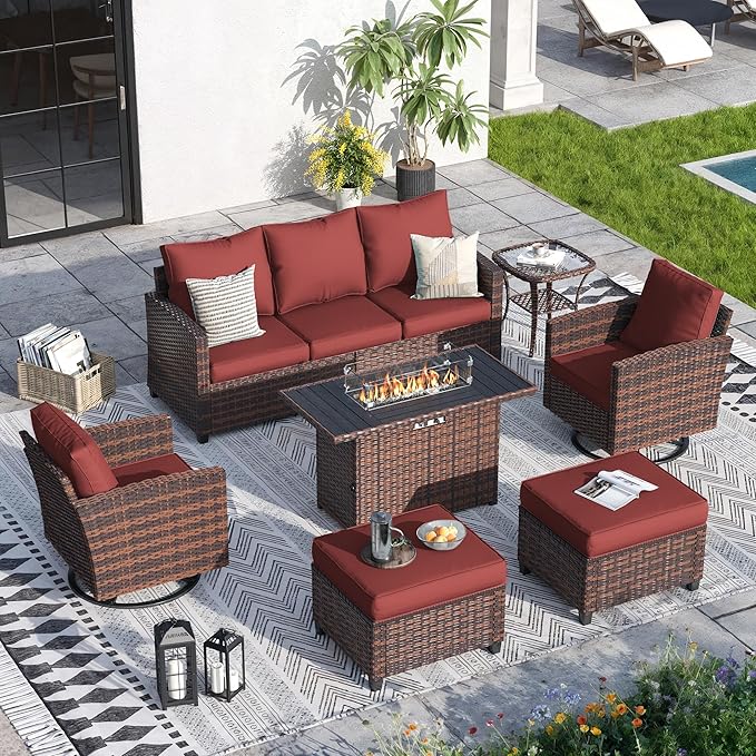 7 Pieces Patio Furniture Set with 44" Fire Pit Table, Outdoor Sectional Conversation Sets with Swivel Chair, Gas Fire Pit, Ottomans, Side Table, 4" Thick Cushion, for Backyard Garden Deck, Wine Red