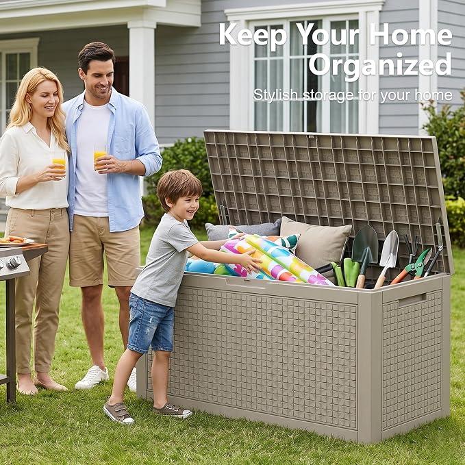 140 Gallon Outdoor Storage Box, Large Resin Deck Box, Waterproof Lockable Storage Container, Storage Bins with Lids for Patio furniture, Garden Tools, Grey