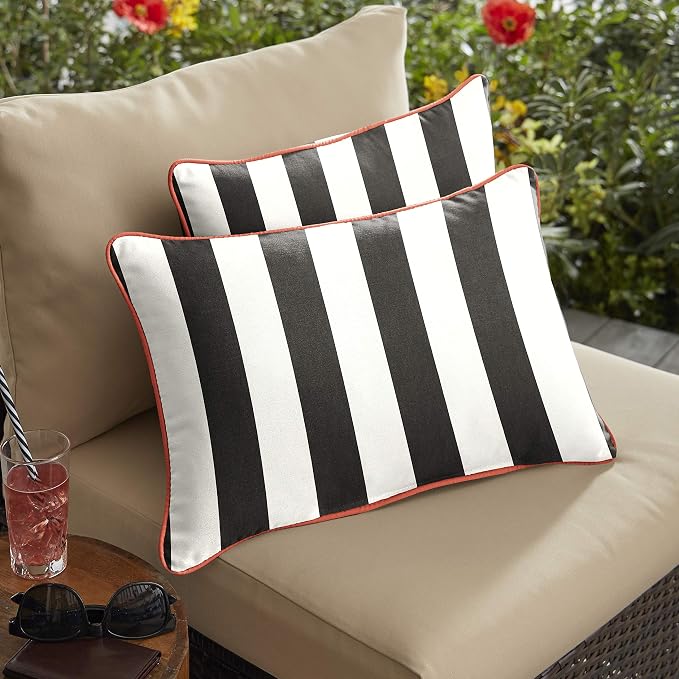 Sorra Home x Sunbrella - Lumbar Pillows (Set of 2), Cabana Classic Stripes & Coral Melon