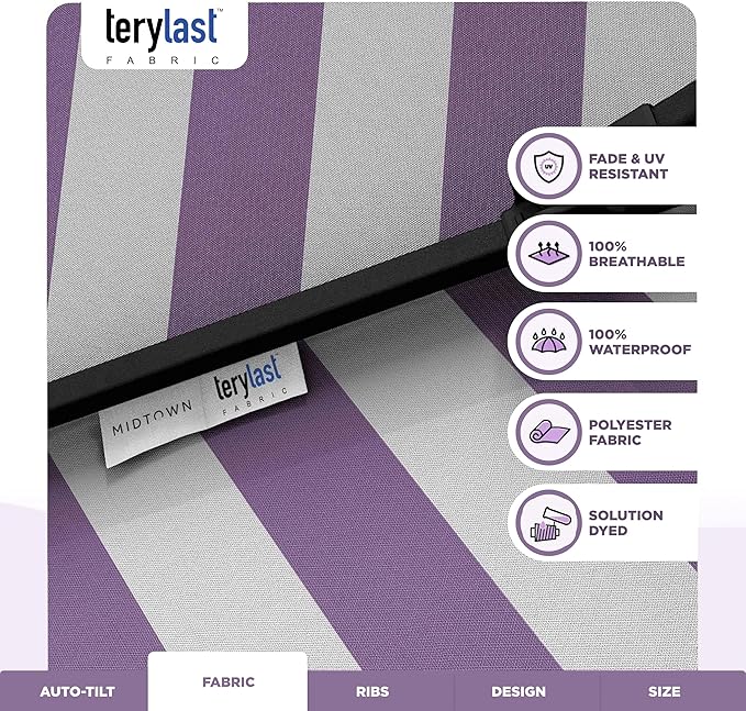 The Swilt 9 Feet Outdoor Umbrella With Terylast Midtown Stripes Purple/White Polyester Fabric - Fiberglass Ribs, Auto-Tilt And Swivel Aluminum Frame Patio Umbrella For Deck, Garden, Pool - Black Pole