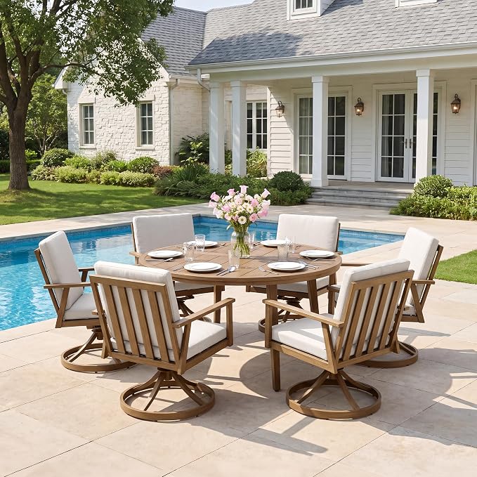 51" Round Outdoor Dining Table Set, 7-Piece Aluminum Round Outdoor Table with 6 Swivel Chairs, Faux Wood Grain Patio Table with Umbrella Hole for Garden, Backyard, Poolside, Teak