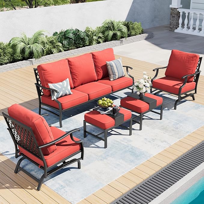 7 Piece Metal Outdoor Patio Furniture Set, Patio Conversation Sets 3-Seater Sofa, 2 Rocking Chair, 2 Ottomans with 5.75" Thick Cushion, Black All-Weather Frame Backyard Furniture, Red