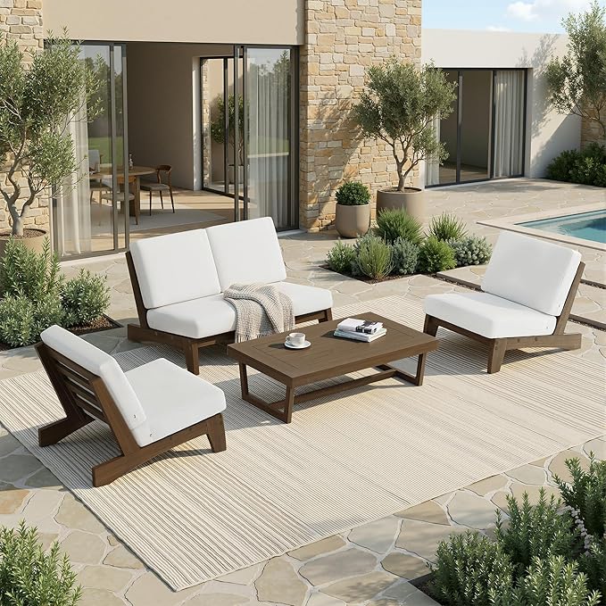UIXE All Weather Patio Furniture Sets, 4 Pieces Teak Wood Outdoor Sectional Futniture Patio Sofa Chair Backyard Conversation Set with Solid Wooden Coffee Table - Beige