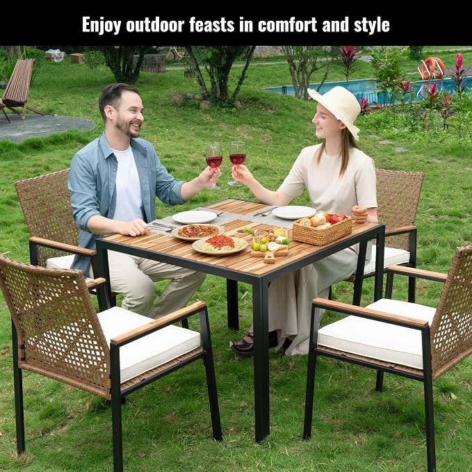 5 Piece Outdoor Dining Table for 4, 35" Dining Table with Umbrella Hole & Stackable Chairs for Patio, Deck,Patio Dining, Outdoor Dining Table Chair, Conversation Set, Patio Furniture Set, Yellow Color